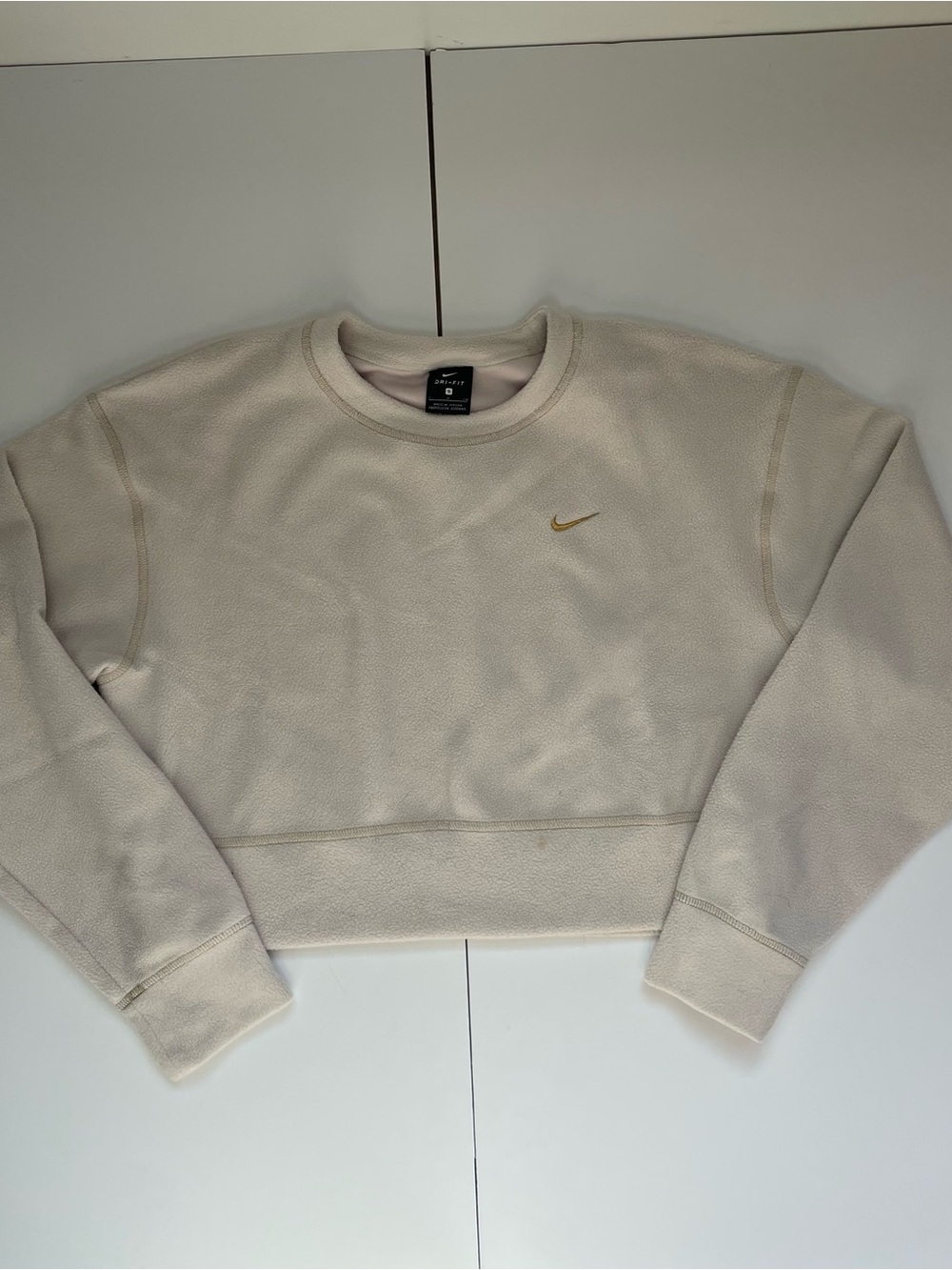Nike Cream Cropped Fleece Crew Sweatshirt with Gold Swoosh